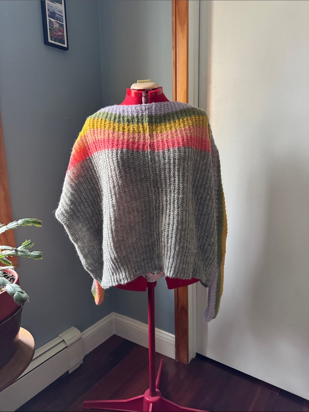 Free People Gray Knit Poncho with Rainbow Yoke